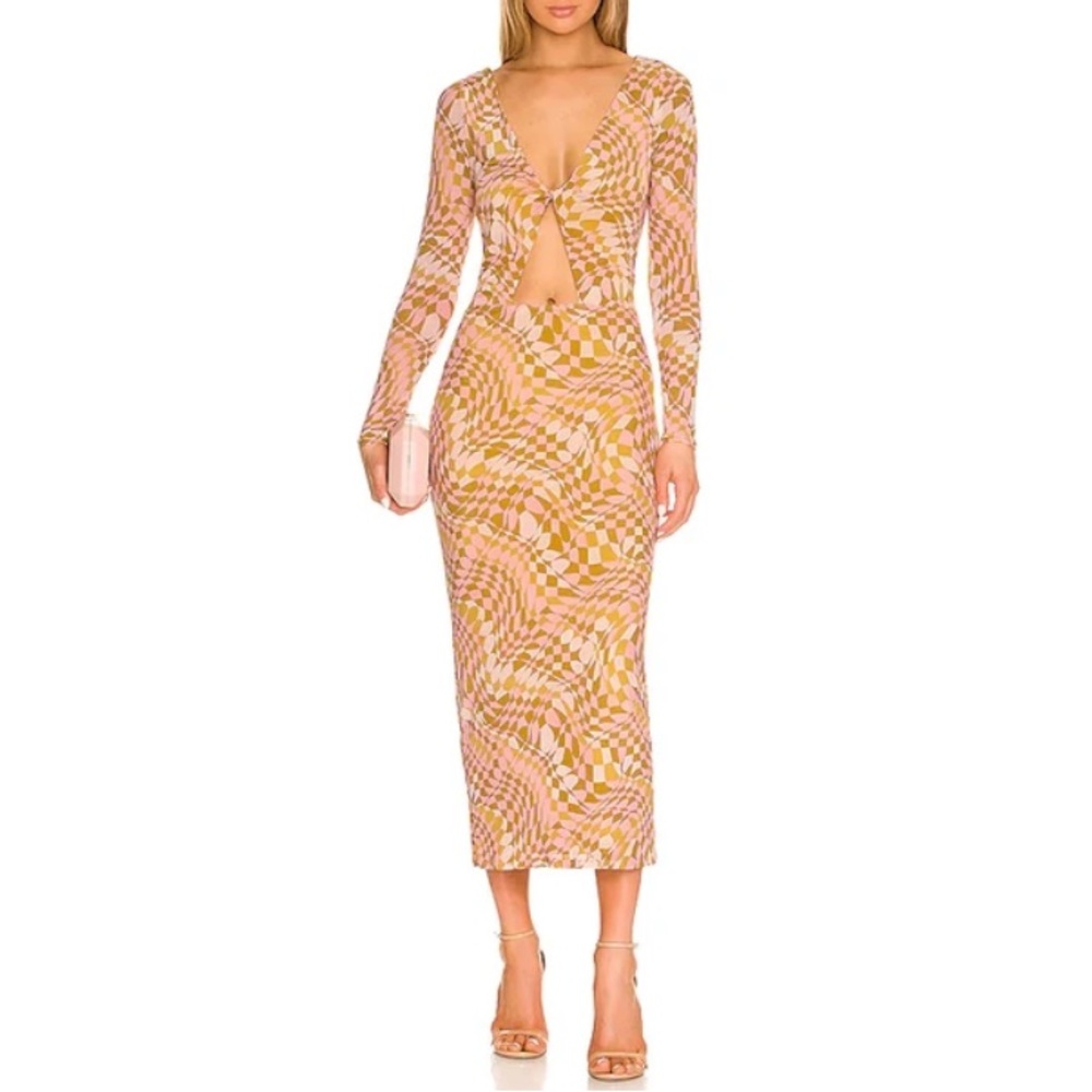 AFRM Monah Geometric Mod Print Plunge Neck Mesh Midi Dress Pink Yellow XL NWT